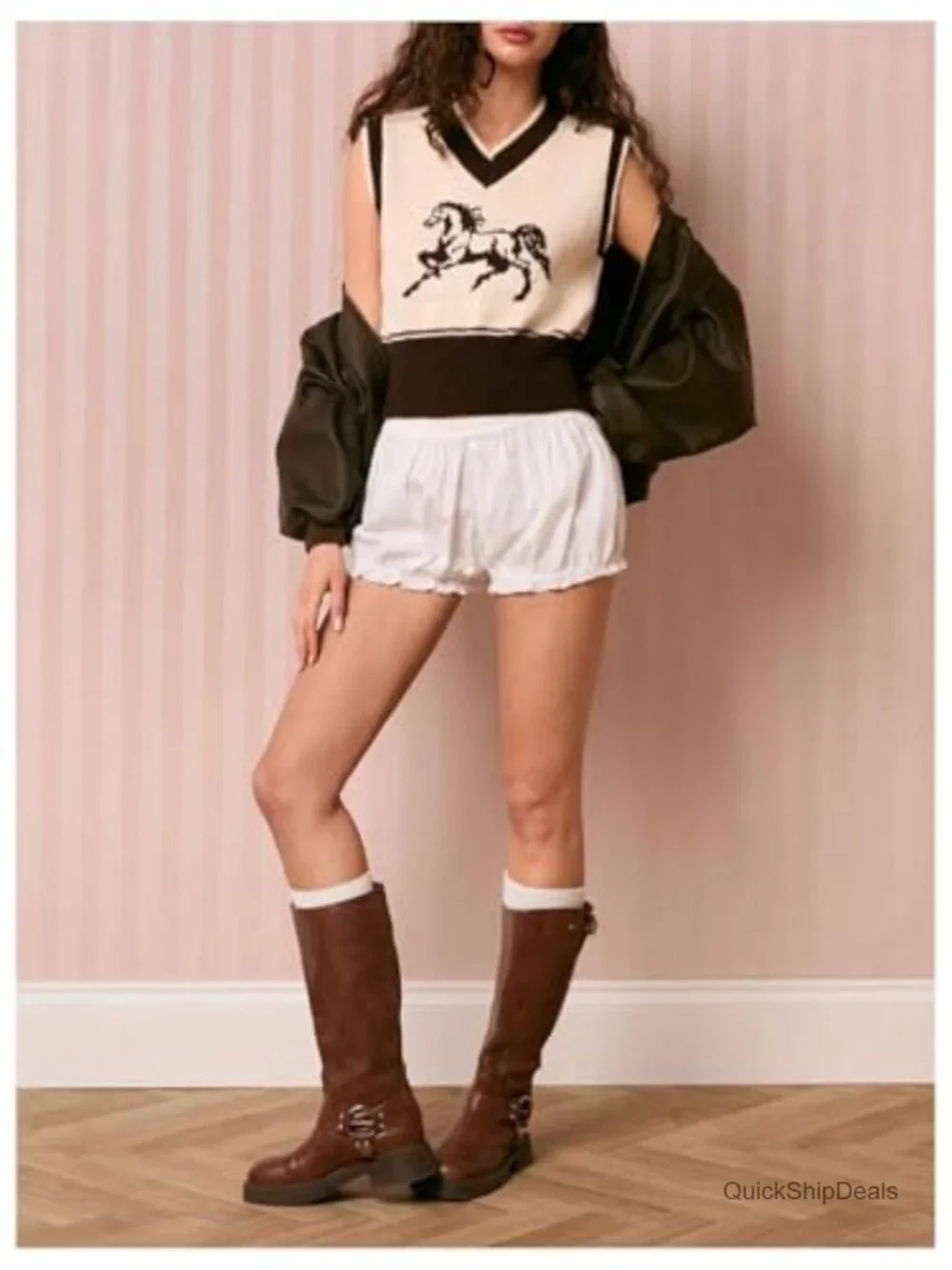 Women's Knit Sweater Vest Horse Graphic V-Neck Sleeveless Tank Top